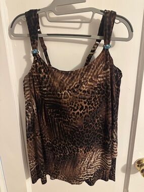 Miraclesuit Brown and Black Leopard Print Tankini Top with Turquoise Accents
